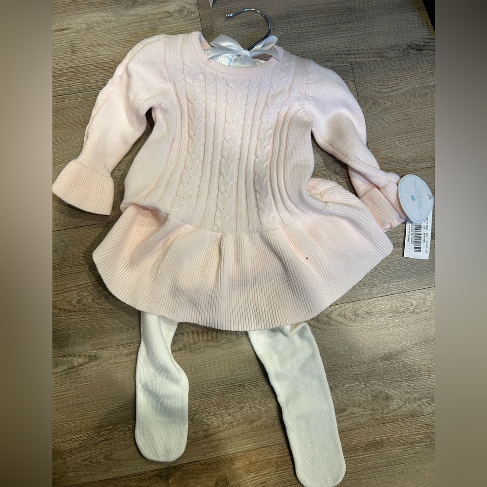 Infant baby pink sweater dress with tights
